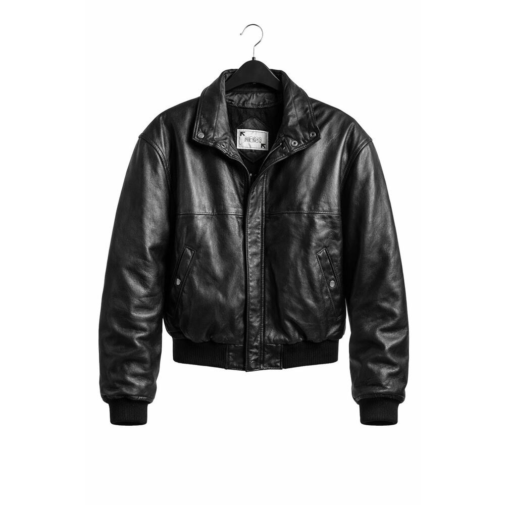 Vintage Y2K Phase 2 Black Leather Bomber Jacket L Removable Zip-In Liner